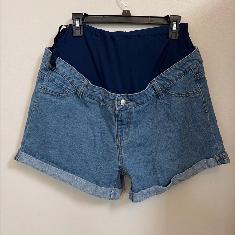 Navy Panel Light Blue Denim Maternity Shorts